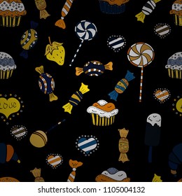 Vector. Colorful Candy seamless. On black, yellow and white colors.