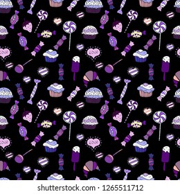 Vector. Colorful Candy seamless. On black, violet and white colors.