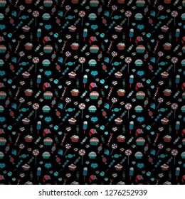 Vector. Colorful Candy seamless. On black, white and blue colors.