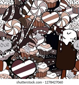 Vector. Colorful Candy seamless. On white, brown and black colors.