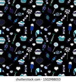 Vector. Colorful Candy seamless. On white, black and blue colors.