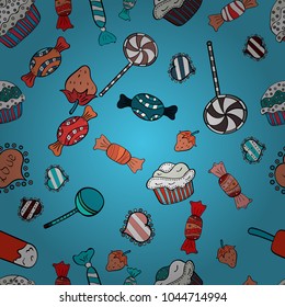 Vector. Colorful Candy seamless pattern. On blue, black and white colors.
