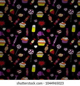 Vector. Colorful Candy seamless pattern. On black, white and purple colors.