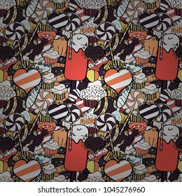 Vector. Colorful Candy seamless pattern. On white, black and purple colors.