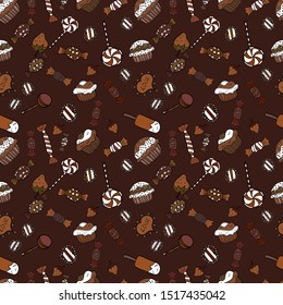 Vector. Colorful Candy seamless pattern. On white, black and brown colors.
