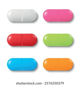 Vector Colorful Capsules Illustration. Medical Pill Set, Capsule Design for Medicine, Healthcare, Pills. Capsules in Vibrant Colors: Red, White, Pink, Green, Blue, Yellow. Pharmaceutical Concept