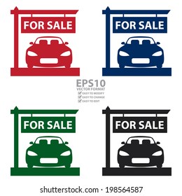 Vector : Colorful Car Showroom With Car For Sale Sign Icon, Sticker Or Label Isolated On White Background 