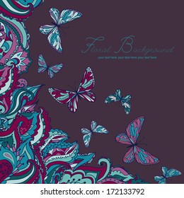 Vector colorful card with a decorative pattern and butterflies. Use for advertising, packaging, ads, postcards, invitation. Colored background for summer design.