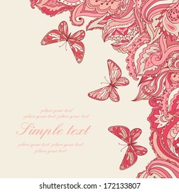 Vector colorful card with a decorative pattern and butterflies. Use for advertising, packaging, ads, postcards, invitation. Colored background for summer design.