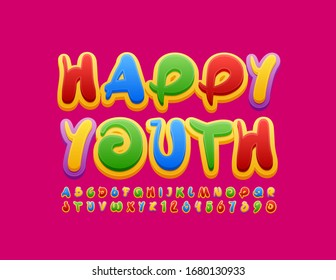 Vector colorful card Happy Youth with creative Font. Bright Alphabet Letters and Numbers