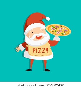 Vector colorful card with santa with hot pizza