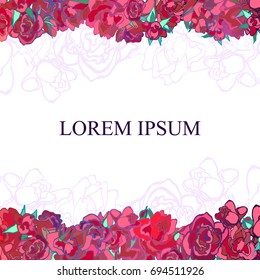 Vector colorful card template with cute pink and red garden roses on a white background.