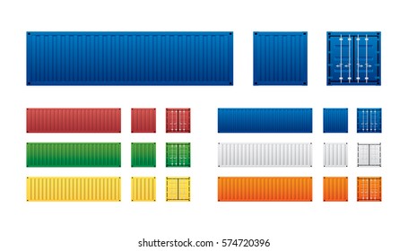 Vector of colorful cargo shipping containers for freight transport and global logistics in different view isolated on white background. svg