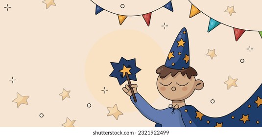 Vector colorful cartoon background banner kid holding magic wand