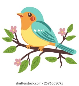 A vector colorful cartoon bird perched on a branch with flowers and leaves. The bird has a turquoise head, orange chest, and is surrounded by pink blossoms and green leaves.