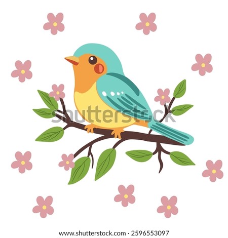 A vector colorful cartoon bird perched on a branch surrounded by pink flowers and green leaves. The bird features a blue-green head, yellow belly, and orange accents.