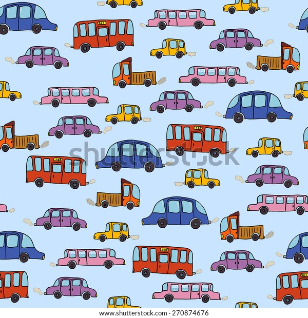 Vector colorful cartoon cars seamless pattern\
background with hand drawn\
elements