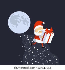 Vector colorful cartoon christmas card with santa with gift box and snow path from moon at night sky. For you!