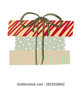 Vector colorful cartoon Christmas gift box illustration. Decorated with bow and wrapped in colorful paper present for the New Year party. Flat style isolated holiday symbol can be used for birthday 