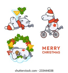 Vector colorful cartoon christmas set of unicorn sticker 