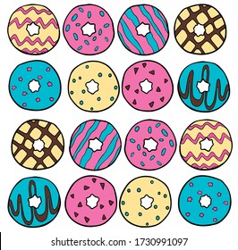 vector colorful cartoon donuts pattern on white background