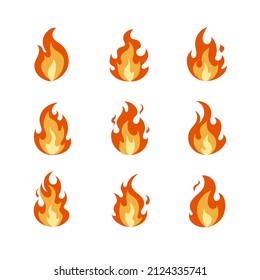 Vector Colorful Cartoon Fire Flames Set isolated on White Background, Vector Illustration Flat Design Style, Bright Bonfire or Candle Light.