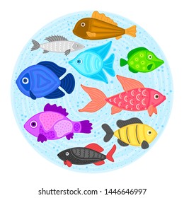 Vector colorful cartoon fish in circular shape. Undersea world. Aquarium. Cute marine life. Pisces. Brochure, flyer, label, cover, poster, banner, package, presentation, print on clothes, card. Eps10