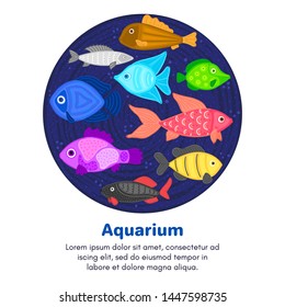 Vector colorful cartoon fish in circular shape. Undersea world. Aquarium. Cute marine life. Pisces. Brochure, flyer, label, cover, poster, banner, package, presentation, print on clothes, card. Eps10