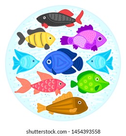 Vector colorful cartoon fish in circular shape. Undersea world. Aquarium. Cute marine life. Pisces. Brochure, flyer, label, cover, poster, banner, package, presentation, print on clothes, card. Eps10