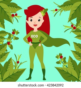 Vector colorful cartoon flat illustration with ecological super hero woman and leaf frame