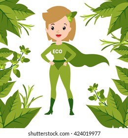 Vector colorful cartoon flat illustration with ecological super hero woman and leaf frame