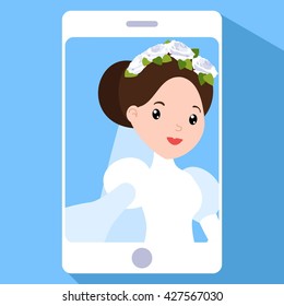 Vector colorful cartoon flat illustration with photo of bride on phone screen