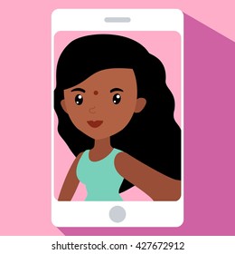 Vector colorful cartoon flat illustration with photo of beautiful indian girl
