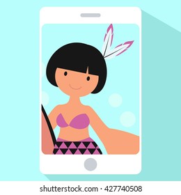 Vector colorful cartoon flat illustration with photo of beautiful girl in swimsuit