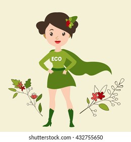 Vector colorful cartoon flat illustration with ecological super hero woman and leaf frame