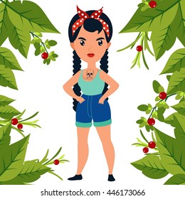 Vector colorful cartoon flat illustration with stylish girl and summer frame