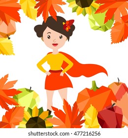 Vector colorful cartoon flat illustration with autumn super hero woman and leaf frame