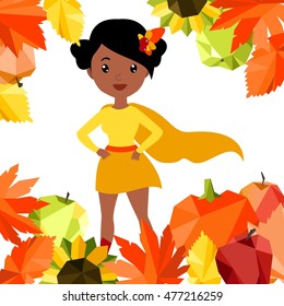 Vector colorful cartoon flat illustration with autumn super hero woman and leaf frame