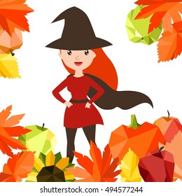 Vector colorful cartoon flat illustration with autumn  woman in halloween hat and leaf frame