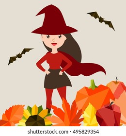 Vector colorful cartoon flat illustration with autumn  woman in halloween hat and leaf frame