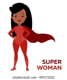 Vector colorful cartoon flat illustration with super hero powerful african woman