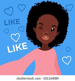 Vector colorful cartoon flat illustration with photo of pretty girl and likes
