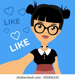 Vector colorful cartoon flat illustration with photo of pretty girl and likes