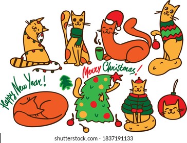 Vector colorful cartoon funny cats with holiday christmas symbols