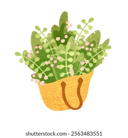 Vector Colorful Cartoon Illustration of a Bouquet in a Straw Bag Isolated on White Background