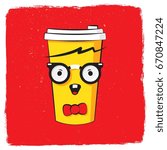 Vector colorful cartoon illustration of coffee mug. Funny character with nerdy glasses and bow tie. Happy smiling hipster dude. Take away coffee paper cup. Flat style emoji or sticker.
