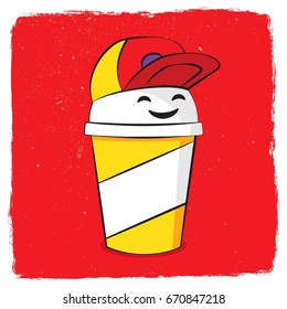 Vector colorful cartoon illustration of coffee mug. Funny character with baseball cap. Happy smiling hipster dude. Take away coffee paper cup. Flat style emoji or sticker.