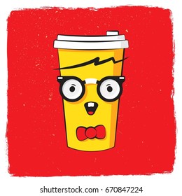 Vector colorful cartoon illustration of coffee mug. Funny character with nerdy glasses and bow tie. Happy smiling hipster dude. Take away coffee paper cup. Flat style emoji or sticker.