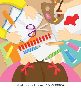 Vector colorful cartoon illustration of creative kids
