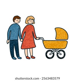 Vector Colorful Cartoon Illustration of a Family with a Newborn in a Stroller Isolated on White Background